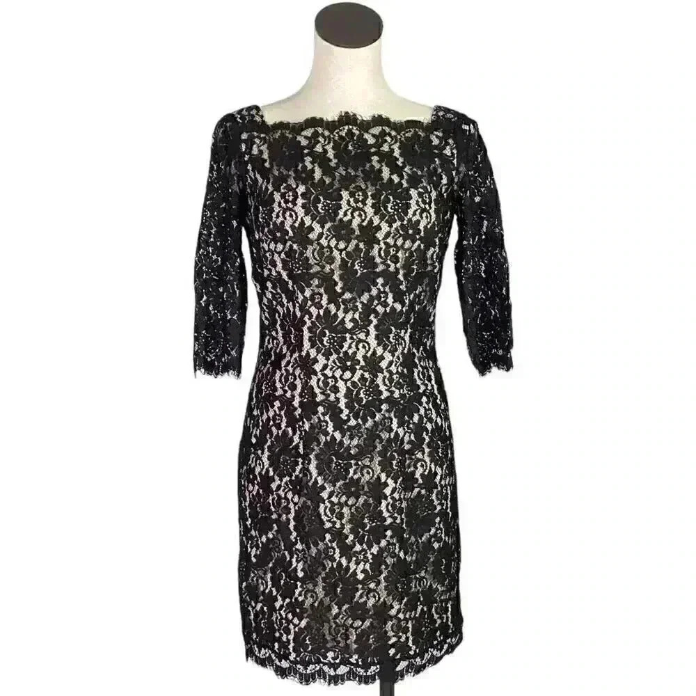 Boston Proper Women 4 Lace Cocktail Dress Fitted Black 3/4 Sleeves LBD Lined